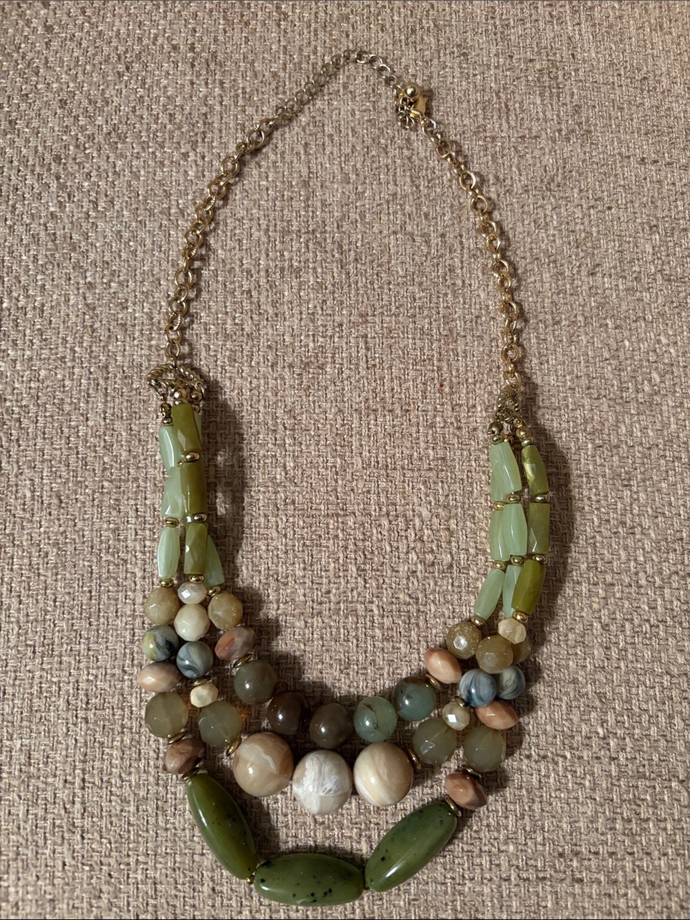 Multiple green tones beaded necklace. Measures 21 1/2 inches.